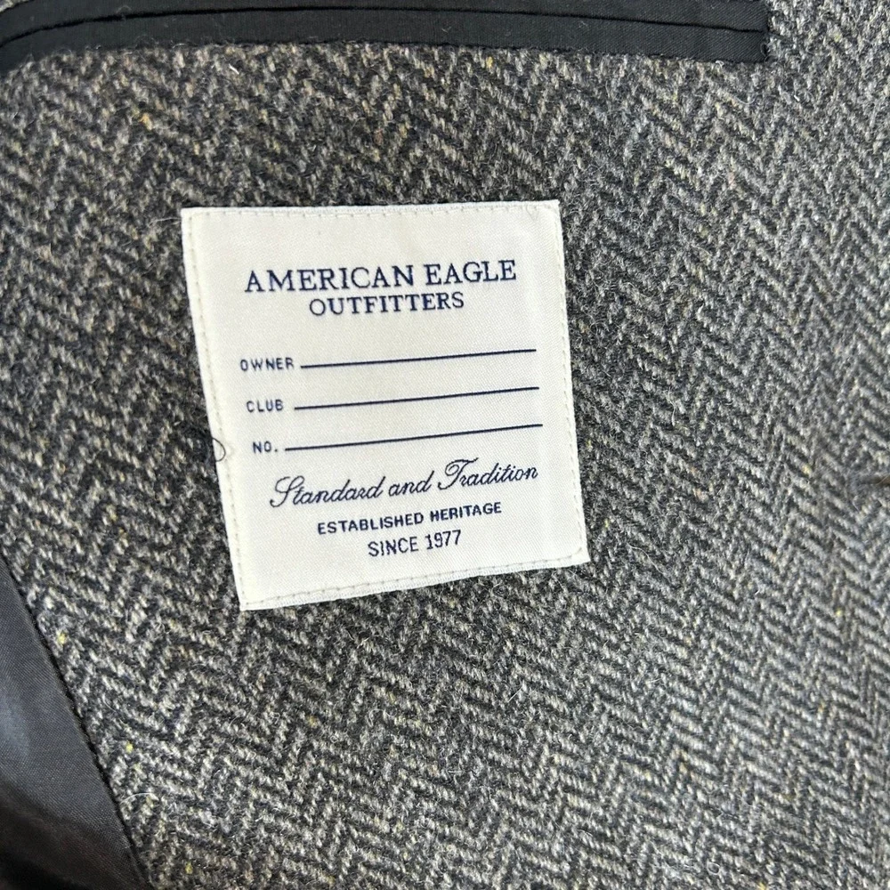 American Eagle Mens Herringbone‎ Blazer Jacket Gray Wool Blend L Dark Academia